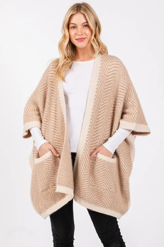 chic bags for women’s weekend getaways -MS0397 Fuzzy Herringbone Knit Kimono With Pockets