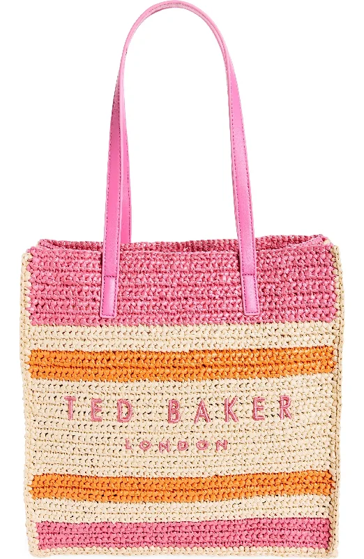 women’s leather handbags for office wear -Ted Baker Women's Skye Raffia Striped Tote, Fuchsia