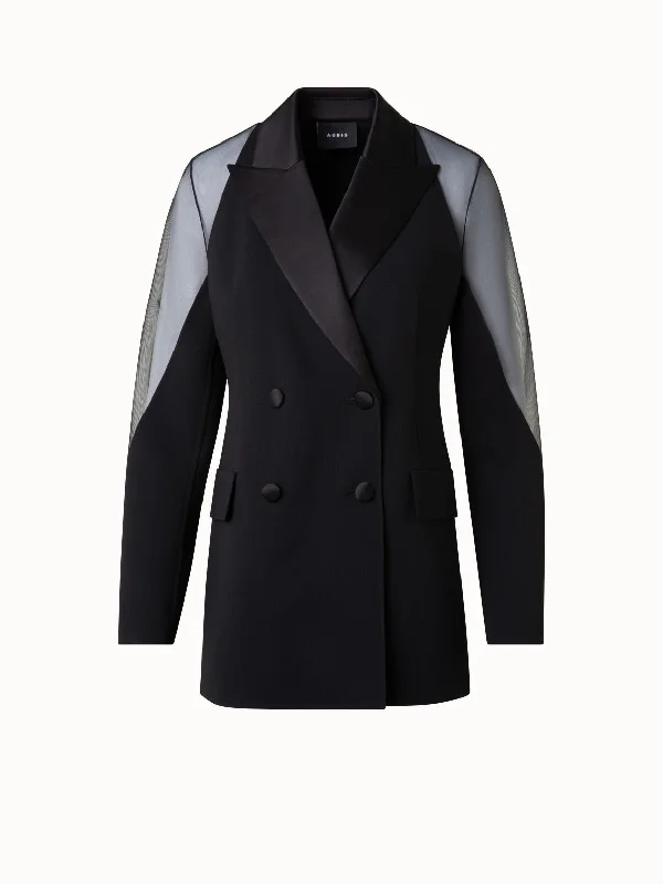 women’s bags with practical, stylish details -Tuxedo Jacket with Satin Lapel and Sheer Shoulders