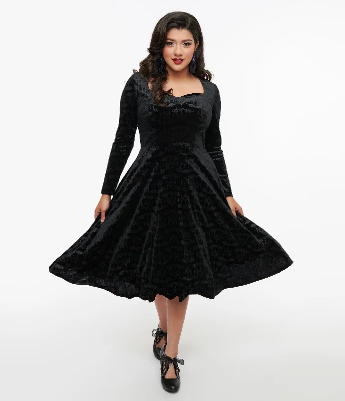 versatile women’s dresses for work and play -1950s Black Velvet Bat Print Fit & Flare Dress