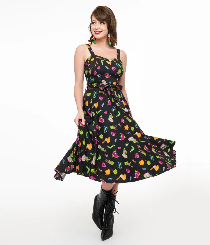 stylish women’s skirts for work and play -1950s Black Zombie Print Lori Swing Dress