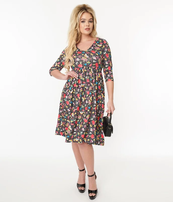 fashionable women’s work dresses -Dolly & Dotty Black & Rainbow Retro Print Flare Dress