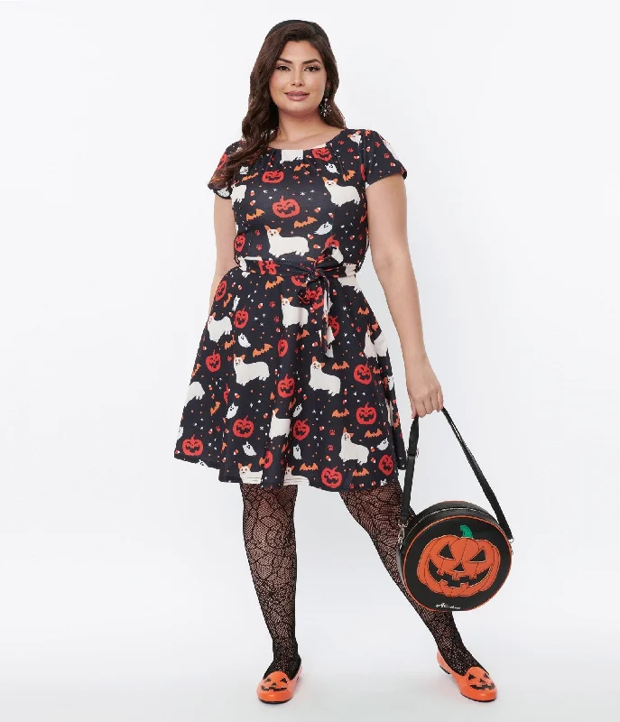 women’s party dresses for special occasions -Black & Spooky Ghost Dog Flare Dress