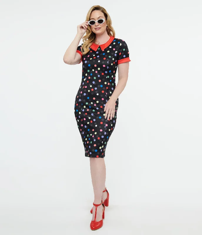 women’s cozy cardigans for layering in winter -Dolly & Dotty 1950s Black & Rainbow Polka Dot Toni Wiggle Dress