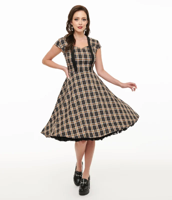 stylish women’s coats for fall weather -Orchid Bloom 1950s Black Plaid Swing Dress