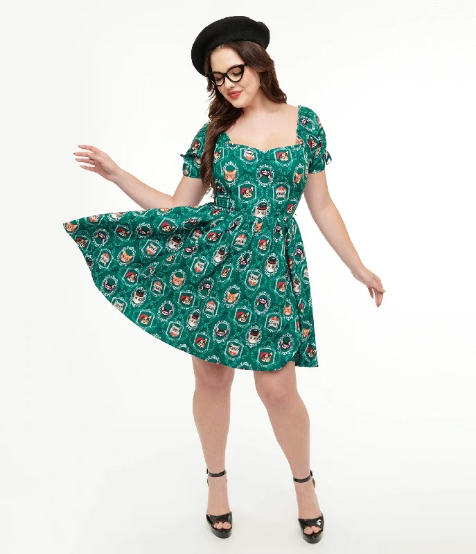 trendy pants for women’s weekend look -Unique Vintage 1950s Teal Cat Print Swing Dress