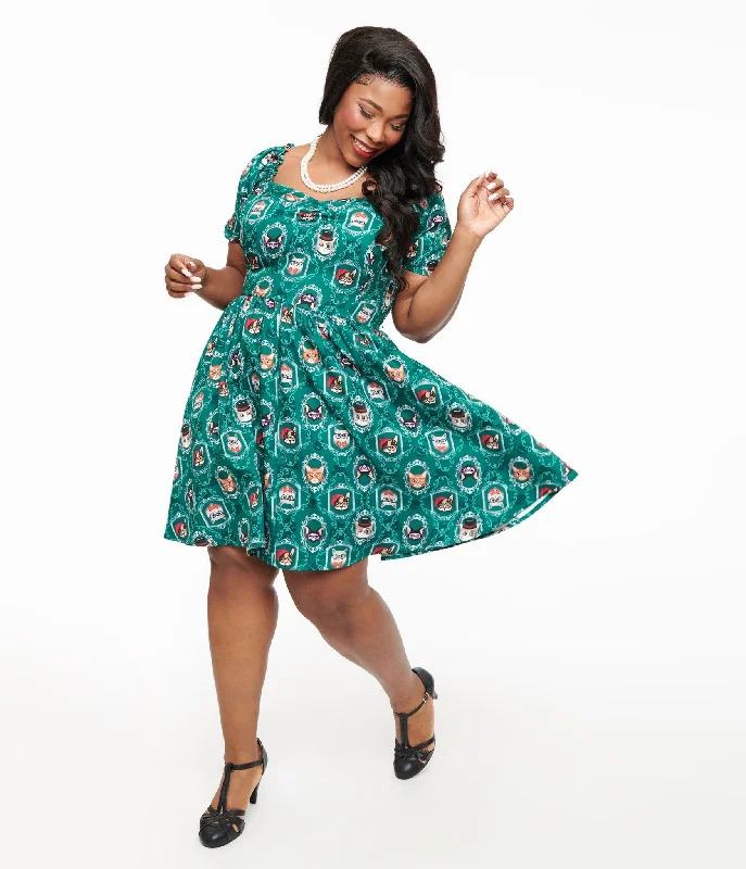 stylish tunics for women’s casual looks -Unique Vintage Plus Size 1950s Teal Cat Print Swing Dress