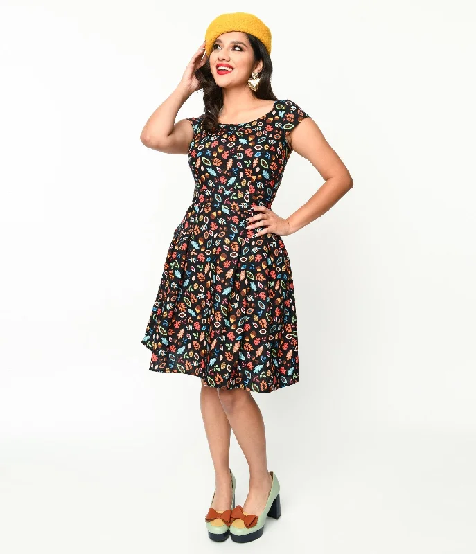 women’s professional dresses for office attire -Retrolicious Black Leaves & Acorns Margaret Flare Dress