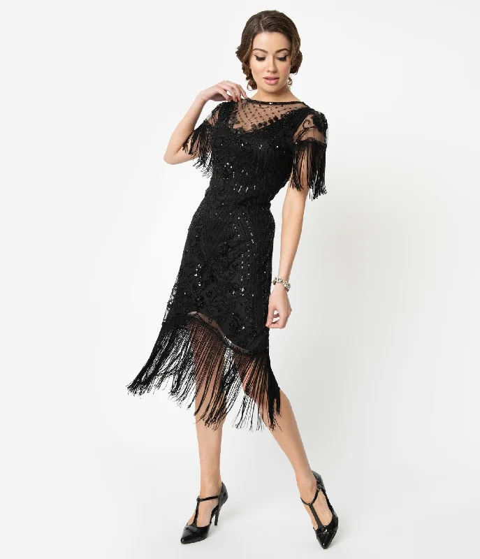 women’s fashionable tunics for casual wear -Unique Vintage 1920s Black Beaded Fringe Sleeve Nadine Flapper Dress