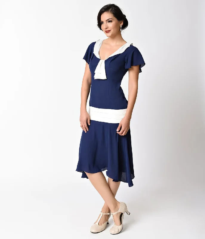 stylish women’s dresses for spring parties -Unique Vintage 1920s Navy Blue & Ivory Wilshire Flapper Day Dress