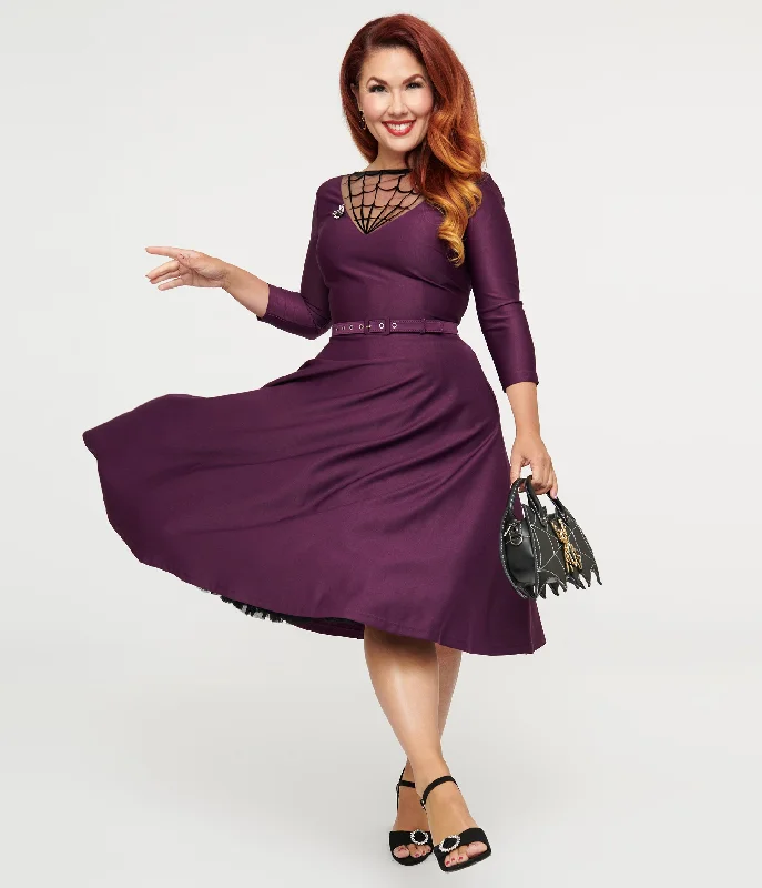 trendy tops for women’s street style -Unique Vintage 1950s Eggplant & Black Spiderweb Devon Swing Dress