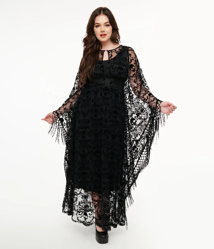 comfortable women’s sweaters for fall weather -Unique Vintage 1960s Black Baroque Skull Burnout Fringe Flutter Sleeve Caftan