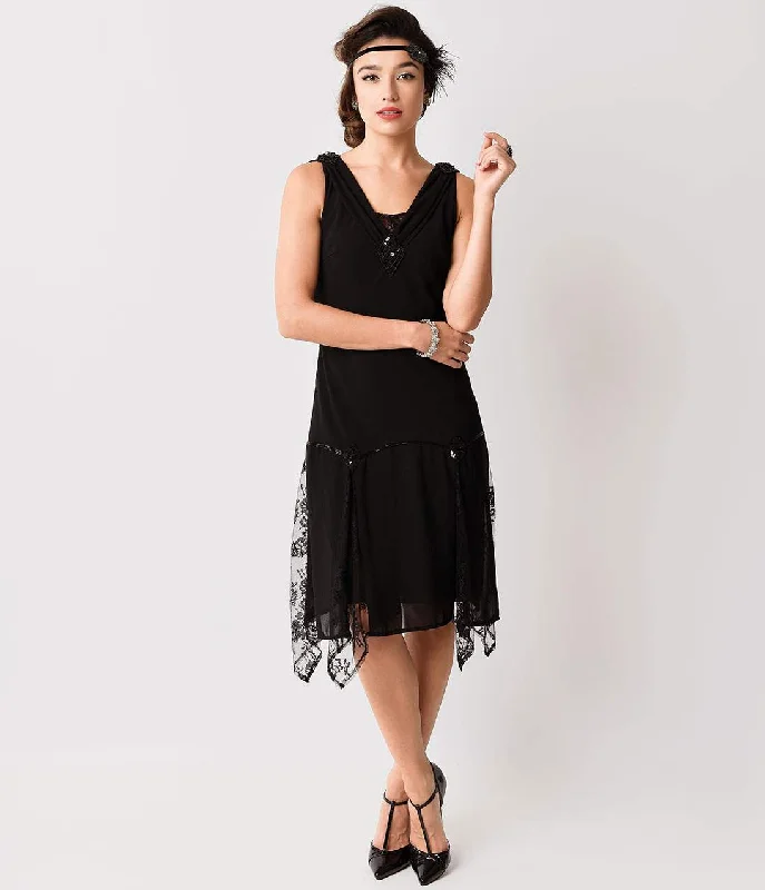 women’s chic shirts for casual work wear -Unique Vintage 1920s Black Hemingway Flapper Dress