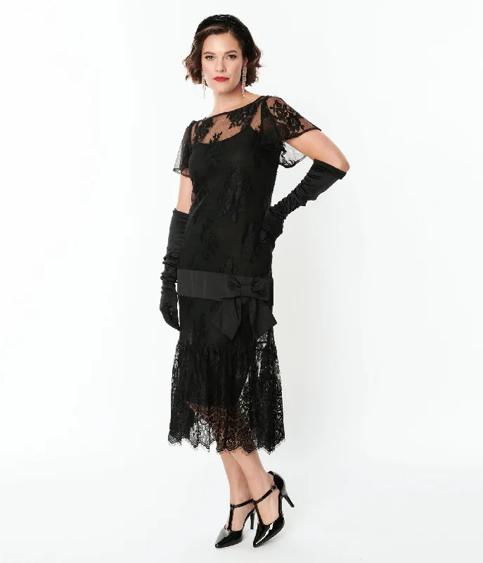 women’s stylish dresses for autumn outings -Unique Vintage 1920s Black Lace & Bow Flapper Dress