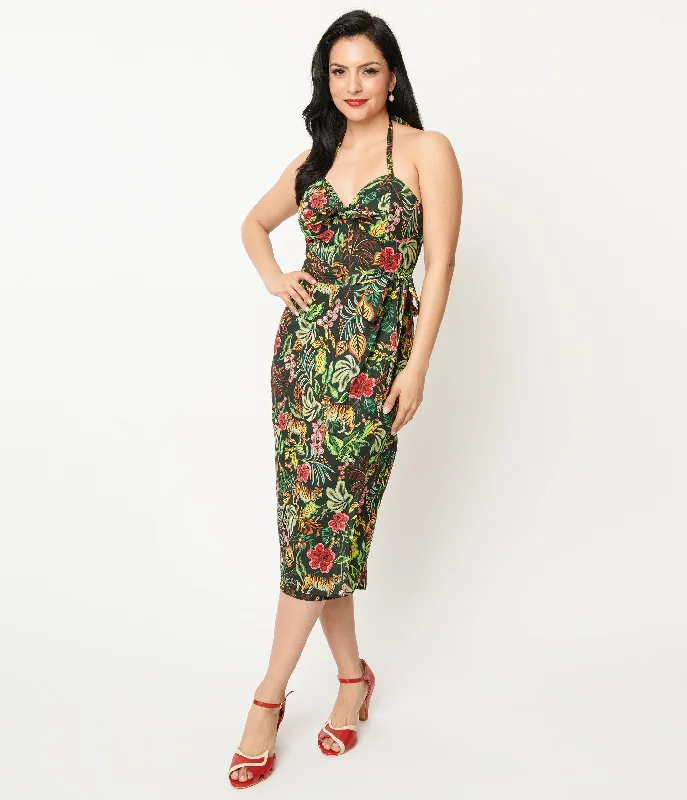 stylish women’s dresses for spring parties -Unique Vintage Green Jungle Cat Print Leilani Sarong Dress