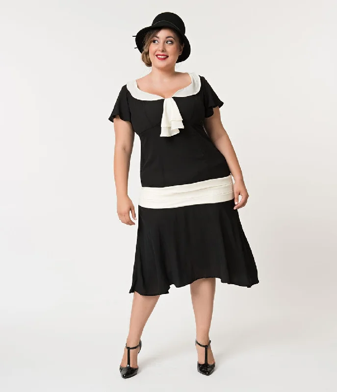 chic blazers for women’s office wardrobe -Unique Vintage Plus Size 1920s Black & Cream Wilshire Flapper Day Dress