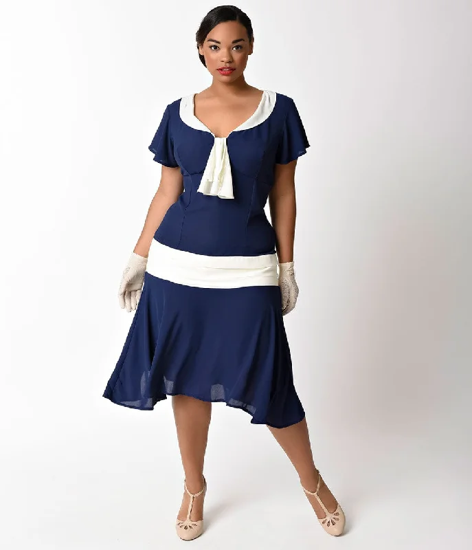 stylish women’s dresses for weddings -Unique Vintage Plus Size 1920s Navy Blue & Ivory Wilshire Flapper Day Dress