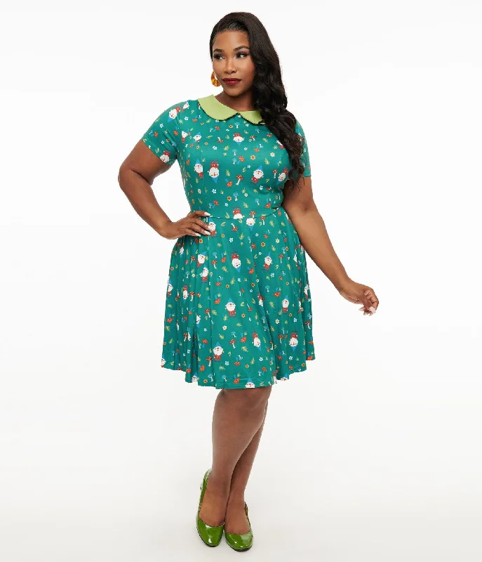 comfortable dresses for women’s everyday style -Unique Vintage Plus Size 1950s Green Gnome Print Fit & Flare Dress