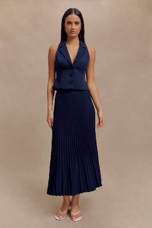 chic dresses for women’s summer evenings -Twyla Pleated Suiting Maxi Skirt - Navy